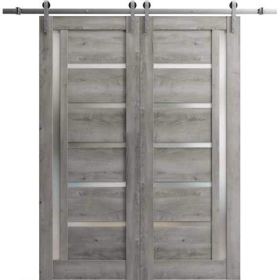 Sturdy Double Barn Door with Frosted Glass | Quadro 4088 Nebraska Grey | 13FT Rail Hangers Heavy Set | Solid Panel Interior Doors-84" x 96" (2* 42x96)-Silver Rail