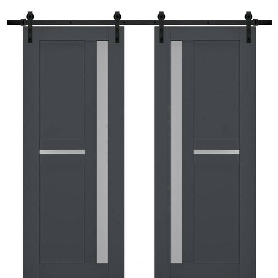 Sturdy Double Barn Door with Frosted Glass | Veregio 7288 Antracite | 13FT Rail Hangers Heavy Set | Solid Panel Interior Doors-36" x 96" (2* 18x96)-Black Rail