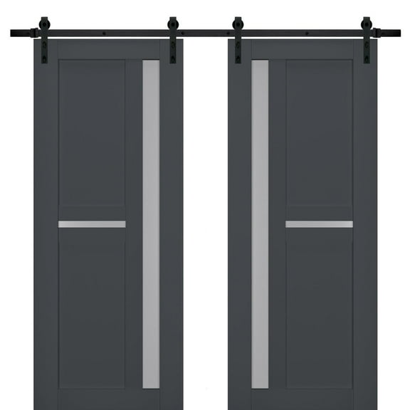 Sturdy Double Barn Door with Frosted Glass | Veregio 7288 Antracite | 13FT Rail Hangers Heavy Set | Solid Panel Interior Doors-36" x 96" (2* 18x96)-Black Rail