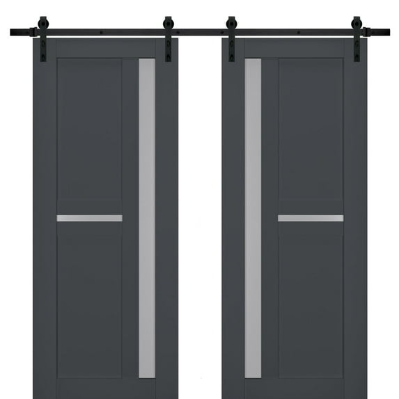Sturdy Double Barn Door with Frosted Glass | Veregio 7288 Antracite | 13FT Rail Hangers Heavy Set | Solid Panel Interior Doors-72" x 84" (2* 36x84)-Black Rail