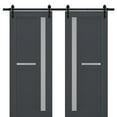 thumbnail image 1 of Sturdy Double Barn Door with Frosted Glass | Veregio 7288 Antracite | 13FT Rail Hangers Heavy Set | Solid Panel Interior Doors-72" x 96" (2* 36x96)-Black Rail, 1 of 6