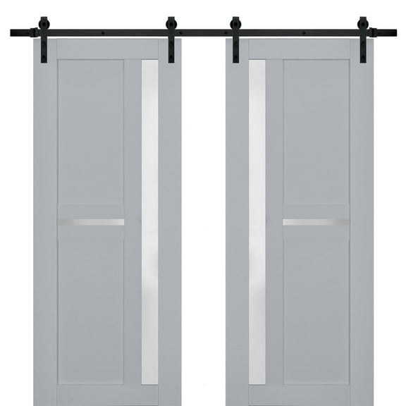 Sturdy Double Barn Door with Frosted Glass | Veregio 7288 Matte Grey | 13FT Rail Hangers Heavy Set | Solid Panel Interior Doors-36" x 96" (2* 18x96)-Black Rail