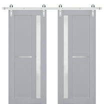 Sturdy Double Barn Door with Frosted Glass | Veregio 7288 Matte Grey | 13FT Rail Hangers Heavy Set | Solid Panel Interior Doors-36" x 96" (2* 18x96)-Silver Rail