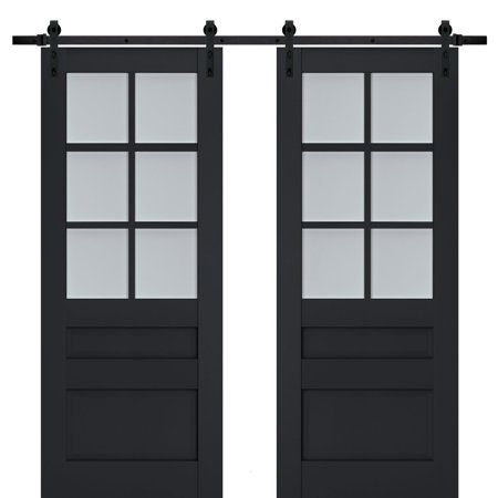 Sturdy Double Barn Door with Frosted Glass Veregio 7339 Antracite 13FT Rail Hangers Heavy Set Solid Panel Interior Doors 48" x 80" (2* 24x80) Black Rail