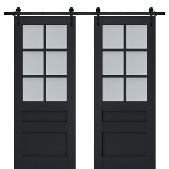 Sturdy Double Barn Door with Frosted Glass | Veregio 7339 Antracite | 13FT Rail Hangers Heavy Set | Solid Panel Interior Doors-48" x 80" (2* 24x80)-Black Rail