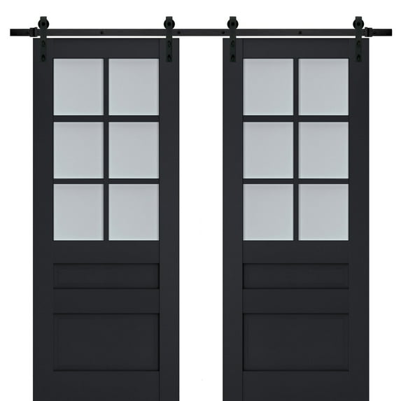 Sturdy Double Barn Door with Frosted Glass | Veregio 7339 Antracite | 13FT Rail Hangers Heavy Set | Solid Panel Interior Doors-56" x 84" (2* 28x84)-Black Rail