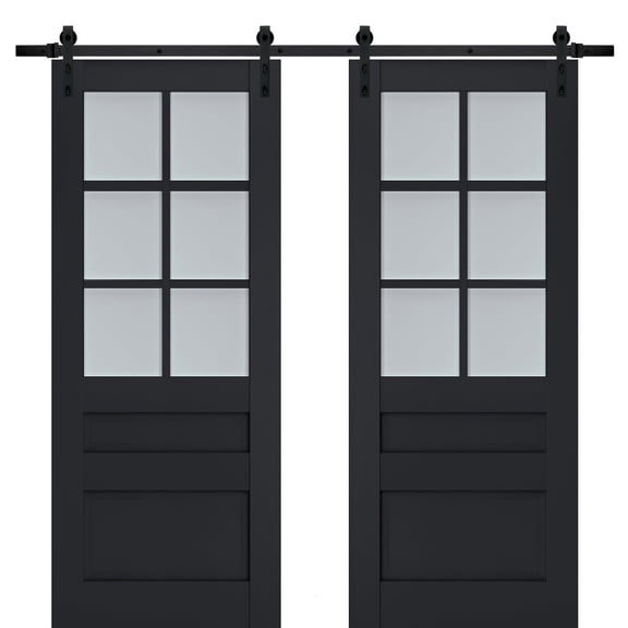 Sturdy Double Barn Door with Frosted Glass | Veregio 7339 Antracite | 13FT Rail Hangers Heavy Set | Solid Panel Interior Doors-64" x 84" (2* 32x84)-Black Rail