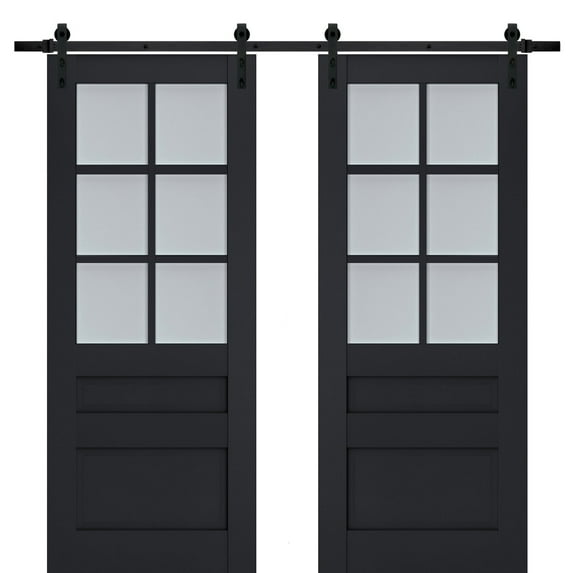 Sturdy Double Barn Door with Frosted Glass | Veregio 7339 Antracite | 13FT Rail Hangers Heavy Set | Solid Panel Interior Doors-72" x 80" (2* 36x80)-Black Rail
