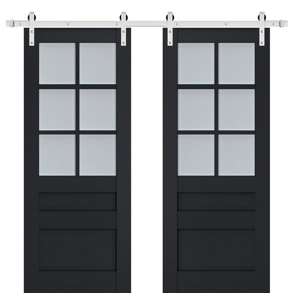Sturdy Double Barn Door with Frosted Glass | Veregio 7339 Antracite | 13FT Rail Hangers Heavy Set | Solid Panel Interior Doors-72" x 80" (2* 36x80)-Silver Rail