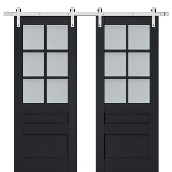 Sturdy Double Barn Door with Frosted Glass | Veregio 7339 Antracite | 13FT Rail Hangers Heavy Set | Solid Panel Interior Doors-72" x 80" (2* 36x80)-Silver Rail