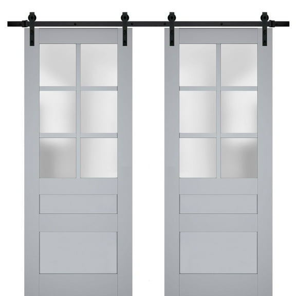 Sturdy Double Barn Door with Frosted Glass | Veregio 7339 Matte Grey | 13FT Rail Hangers Heavy Set | Solid Panel Interior Doors-36" x 96" (2* 18x96)-Black Rail