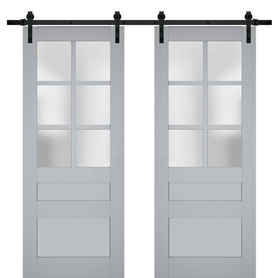 Sturdy Double Barn Door with Frosted Glass | Veregio 7339 Matte Grey | 13FT Rail Hangers Heavy Set | Solid Panel Interior Doors-56" x 80" (2* 28x80)-Black Rail