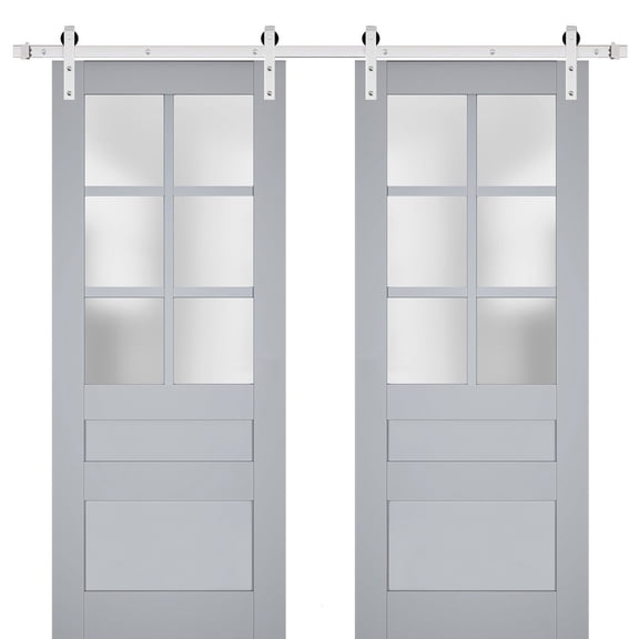 Sturdy Double Barn Door with Frosted Glass | Veregio 7339 Matte Grey | 13FT Rail Hangers Heavy Set | Solid Panel Interior Doors-64" x 84" (2* 32x84)-Silver Rail