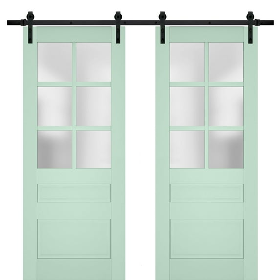 Sturdy Double Barn Door with Frosted Glass | Veregio 7339 Oliva | 13FT Rail Hangers Heavy Set | Solid Panel Interior Doors-36" x 84" (2* 18x84)-Black Rail