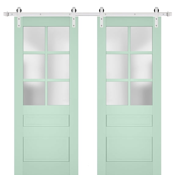 Sturdy Double Barn Door with Frosted Glass | Veregio 7339 Oliva | 13FT Rail Hangers Heavy Set | Solid Panel Interior Doors-56" x 96" (2* 28x96)-Silver Rail