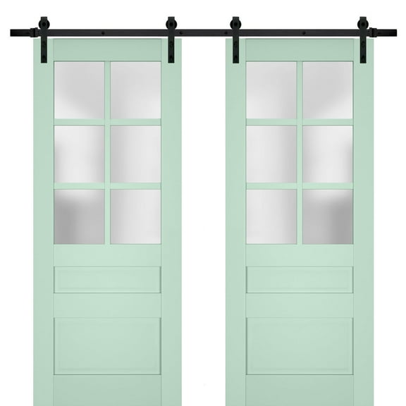 Sturdy Double Barn Door with Frosted Glass | Veregio 7339 Oliva | 13FT Rail Hangers Heavy Set | Solid Panel Interior Doors-64" x 96" (2* 32x96)-Black Rail