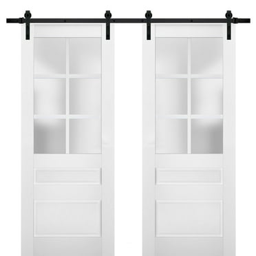 Sturdy Double Barn Door with Frosted Glass | Veregio 7339 White Silk | 13FT Rail Hangers Heavy Set | Solid Panel Interior Doors-36" x 96" (2* 18x96)-Black Rail