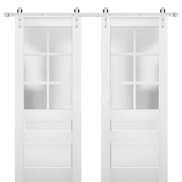 Sturdy Double Barn Door with Frosted Glass | Veregio 7339 White Silk | 13FT Rail Hangers Heavy Set | Solid Panel Interior Doors-36" x 96" (2* 18x96)-Silver Rail