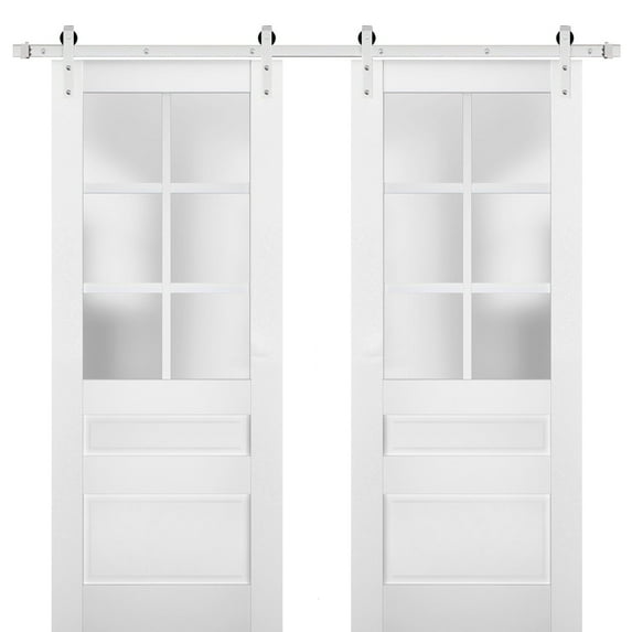Sturdy Double Barn Door with Frosted Glass | Veregio 7339 White Silk | 13FT Rail Hangers Heavy Set | Solid Panel Interior Doors-36" x 96" (2* 18x96)-Silver Rail
