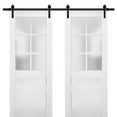 thumbnail image 1 of Sturdy Double Barn Door with Frosted Glass | Veregio 7339 White Silk | 13FT Rail Hangers Heavy Set | Solid Panel Interior Doors-60" x 80" (2* 30x80)-Black Rail, 1 of 6