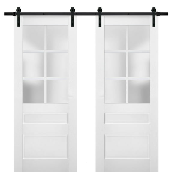 Sturdy Double Barn Door with Frosted Glass | Veregio 7339 White Silk | 13FT Rail Hangers Heavy Set | Solid Panel Interior Doors-72" x 84" (2* 36x84)-Black Rail