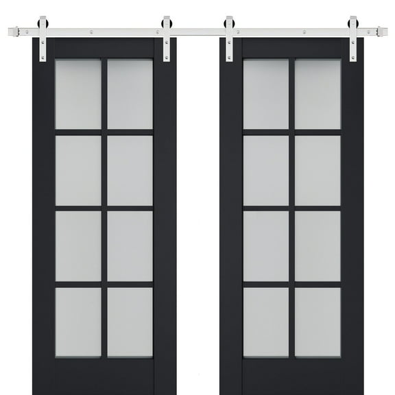 Sturdy Double Barn Door with Frosted Glass | Veregio 7412 Antracite | 13FT Rail Hangers Heavy Set | Solid Panel Interior Doors-36" x 96" (2* 18x96)-Silver Rail