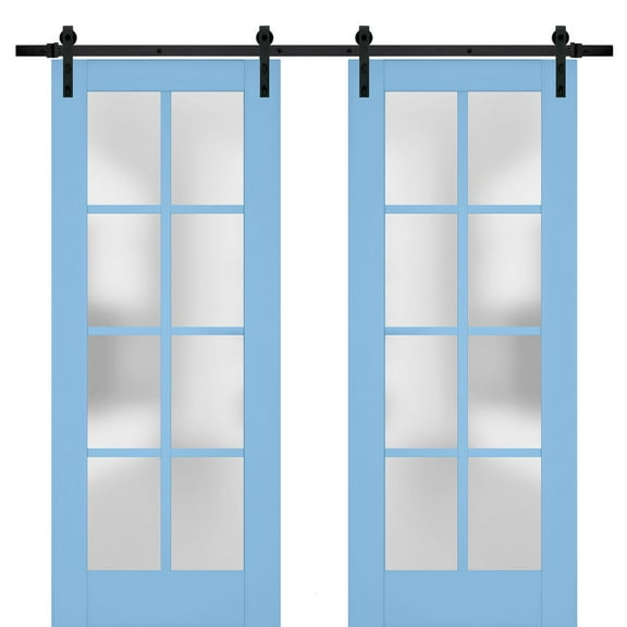 Sturdy Double Barn Door with Frosted Glass | Veregio 7412 Aquamarine | 13FT Rail Hangers Heavy Set | Solid Panel Interior Doors-60" x 80" (2* 30x80)-Black Rail