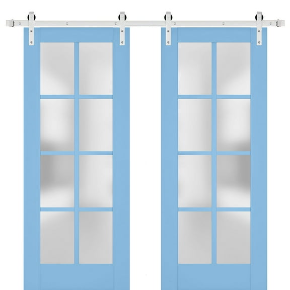 Sturdy Double Barn Door with Frosted Glass | Veregio 7412 Aquamarine | 13FT Rail Hangers Heavy Set | Solid Panel Interior Doors-60" x 80" (2* 30x80)-Silver Rail