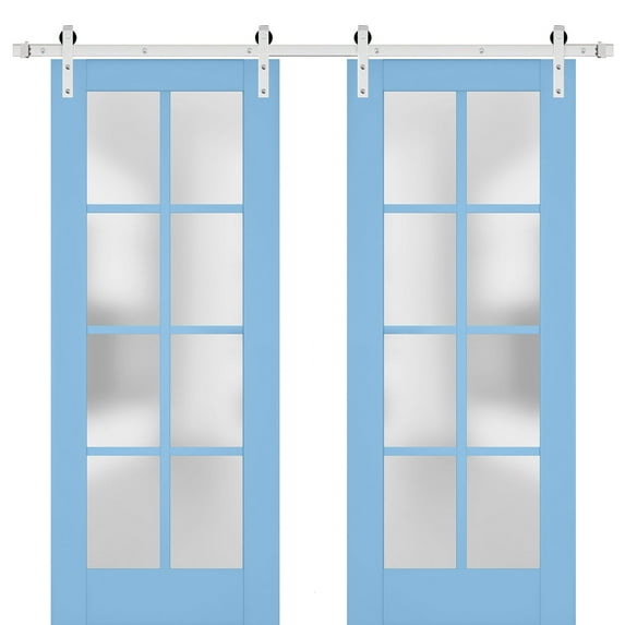 Sturdy Double Barn Door with Frosted Glass | Veregio 7412 Aquamarine | 13FT Rail Hangers Heavy Set | Solid Panel Interior Doors-60" x 84" (2* 30x84)-Silver Rail