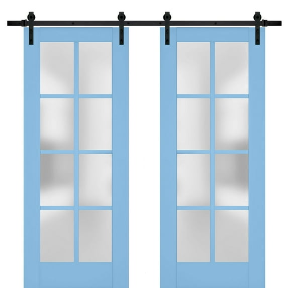 Sturdy Double Barn Door with Frosted Glass | Veregio 7412 Aquamarine | 13FT Rail Hangers Heavy Set | Solid Panel Interior Doors-84" x 96" (2* 42x96)-Black Rail