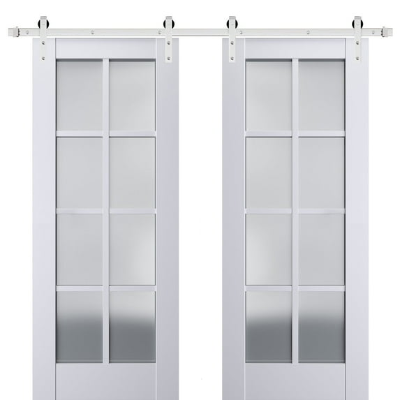 Sturdy Double Barn Door with Frosted Glass | Veregio 7412 White Silk | 13FT Rail Hangers Heavy Set | Solid Panel Interior Doors-36" x 96" (2* 18x96)-Silver Rail