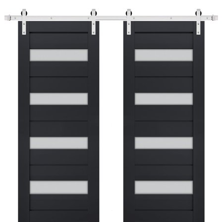 Sturdy Double Barn Door with Frosted Glass | Veregio 7455 Antracite | 13FT Rail Hangers Heavy Set | Solid Panel Interior Doors-36" x 96" (2* 18x96)-Silver Rail