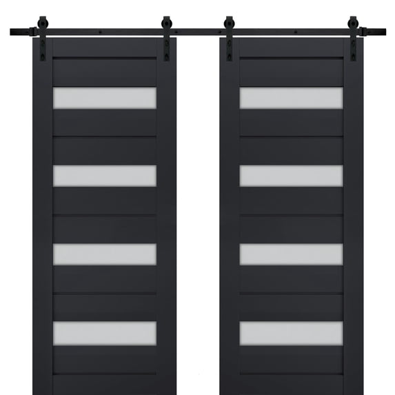 Sturdy Double Barn Door with Frosted Glass | Veregio 7455 Antracite | 13FT Rail Hangers Heavy Set | Solid Panel Interior Doors-84" x 84" (2* 42x84)-Black Rail