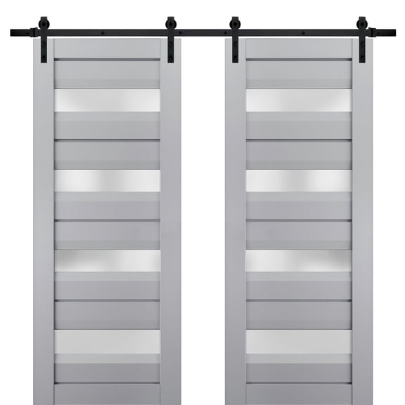 Sturdy Double Barn Door with Frosted Glass | Veregio 7455 Matte Grey | 13FT Rail Hangers Heavy Set | Solid Panel Interior Doors-48" x 84" (2* 24x84)-Black Rail