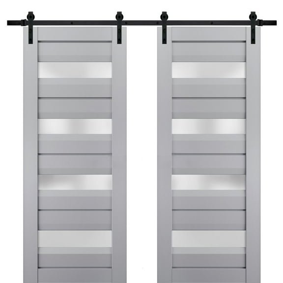 Sturdy Double Barn Door with Frosted Glass | Veregio 7455 Matte Grey | 13FT Rail Hangers Heavy Set | Solid Panel Interior Doors-64" x 96" (2* 32x96)-Black Rail