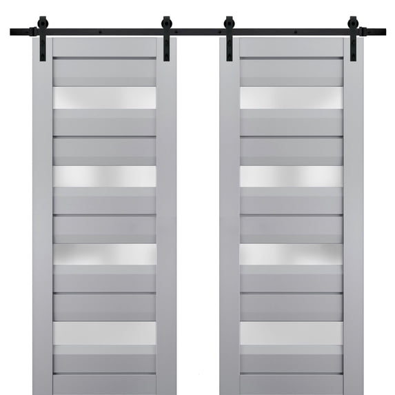 Sturdy Double Barn Door with Frosted Glass | Veregio 7455 Matte Grey | 13FT Rail Hangers Heavy Set | Solid Panel Interior Doors-72" x 80" (2* 36x80)-Black Rail