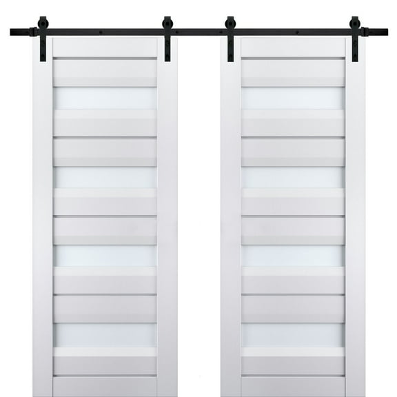 Sturdy Double Barn Door with Frosted Glass | Veregio 7455 White Silk | 13FT Rail Hangers Heavy Set | Solid Panel Interior Doors-36" x 96" (2* 18x96)-Black Rail