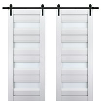 Sturdy Double Barn Door with Frosted Glass | Veregio 7455 White Silk | 13FT Rail Hangers Heavy Set | Solid Panel Interior Doors-36" x 96" (2* 18x96)-Black Rail