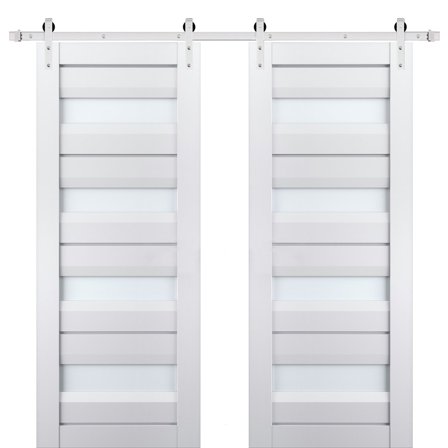 Sturdy Double Barn Door with Frosted Glass | Veregio 7455 White Silk | 13FT Rail Hangers Heavy Set | Solid Panel Interior Doors-36" x 96" (2* 18x96)-Silver Rail