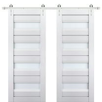 Sturdy Double Barn Door with Frosted Glass | Veregio 7455 White Silk | 13FT Rail Hangers Heavy Set | Solid Panel Interior Doors-36" x 96" (2* 18x96)-Silver Rail