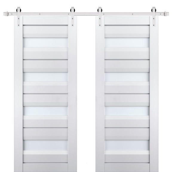 Sturdy Double Barn Door with Frosted Glass | Veregio 7455 White Silk | 13FT Rail Hangers Heavy Set | Solid Panel Interior Doors-72" x 96" (2* 36x96)-Silver Rail