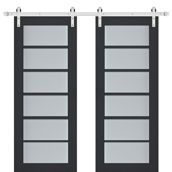 Sturdy Double Barn Door with Frosted Glass | Veregio 7602 Antracite | 13FT Rail Hangers Heavy Set | Solid Panel Interior Doors-48" x 80" (2* 24x80)-Silver Rail