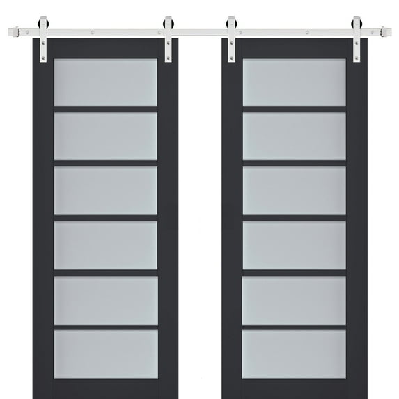 Sturdy Double Barn Door with Frosted Glass | Veregio 7602 Antracite | 13FT Rail Hangers Heavy Set | Solid Panel Interior Doors-64" x 84" (2* 32x84)-Silver Rail