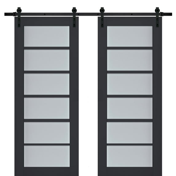 Sturdy Double Barn Door with Frosted Glass | Veregio 7602 Antracite | 13FT Rail Hangers Heavy Set | Solid Panel Interior Doors-64" x 96" (2* 32x96)-Black Rail