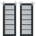 thumbnail image 1 of Sturdy Double Barn Door with Frosted Glass | Veregio 7602 Antracite | 13FT Rail Hangers Heavy Set | Solid Panel Interior Doors-72" x 96" (2* 36x96)-Silver Rail, 1 of 6