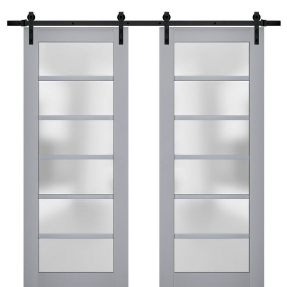 Sturdy Double Barn Door with Frosted Glass | Veregio 7602 Matte Grey | 13FT Rail Hangers Heavy Set | Solid Panel Interior Doors-36" x 80" (2* 18x80)-Black Rail