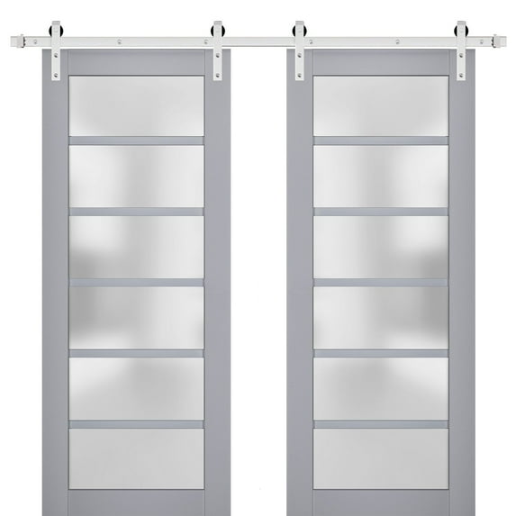 Sturdy Double Barn Door with Frosted Glass | Veregio 7602 Matte Grey | 13FT Rail Hangers Heavy Set | Solid Panel Interior Doors-36" x 80" (2* 18x80)-Silver Rail