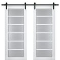 thumbnail image 1 of Sturdy Double Barn Door with Frosted Glass | Veregio 7602 White Silk | 13FT Rail Hangers Heavy Set | Solid Panel Interior Doors-36" x 96" (2* 18x96)-Black Rail, 1 of 6