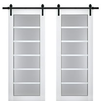 Sturdy Double Barn Door with Frosted Glass | Veregio 7602 White Silk | 13FT Rail Hangers Heavy Set | Solid Panel Interior Doors-36" x 96" (2* 18x96)-Black Rail