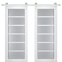 Sturdy Double Barn Door with Frosted Glass | Veregio 7602 White Silk | 13FT Rail Hangers Heavy Set | Solid Panel Interior Doors-36" x 96" (2* 18x96)-Silver Rail